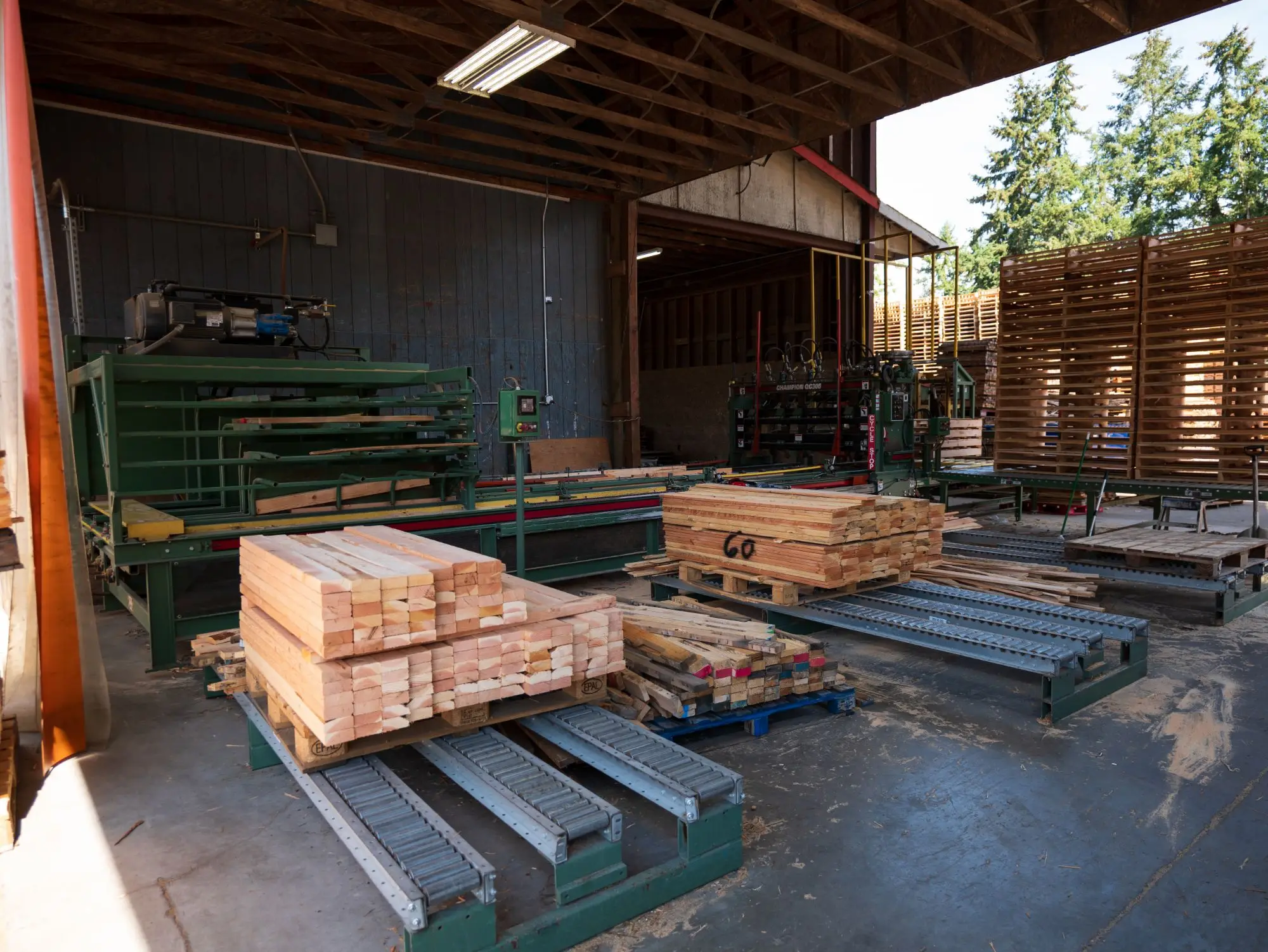 Fresh-cut lumber on the assembly line at the APSS shop where new pallets are built to spec in Tacoma, WA