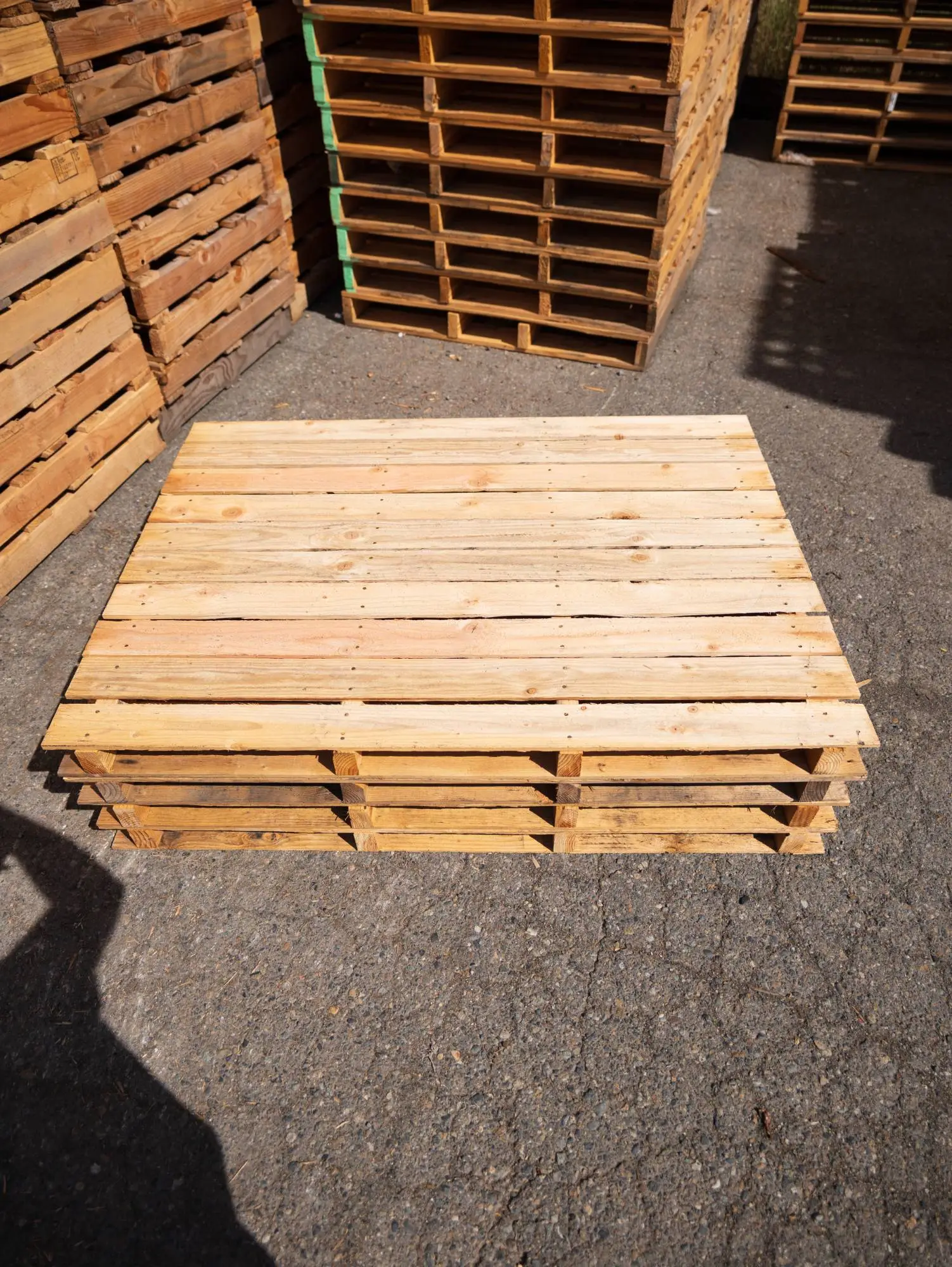 A finished wood pallet built by APSS, ready for pickup at the Tacoma, WA yard